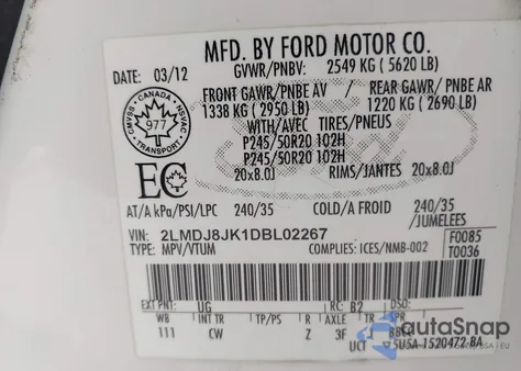 2013 Lincoln Mkx from USA, damaged, VIN 2LMDJ8JK1DBL02267